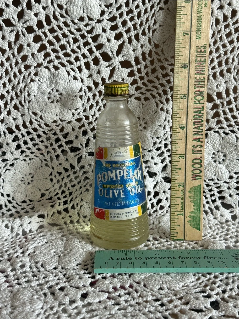 Vintage Pompeian Olive Oil - Clear Bottle with Blue Label, MCM, Kitchen Prop
